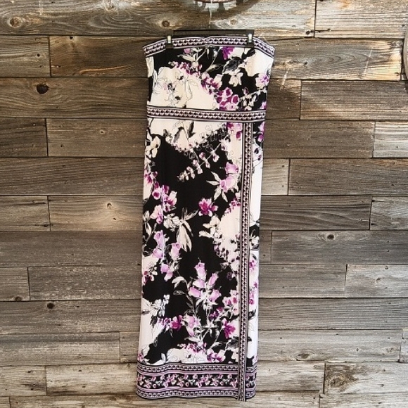 White House Black Market Black and Purple Floral Strapless Dress Size XL - Picture 1 of 12